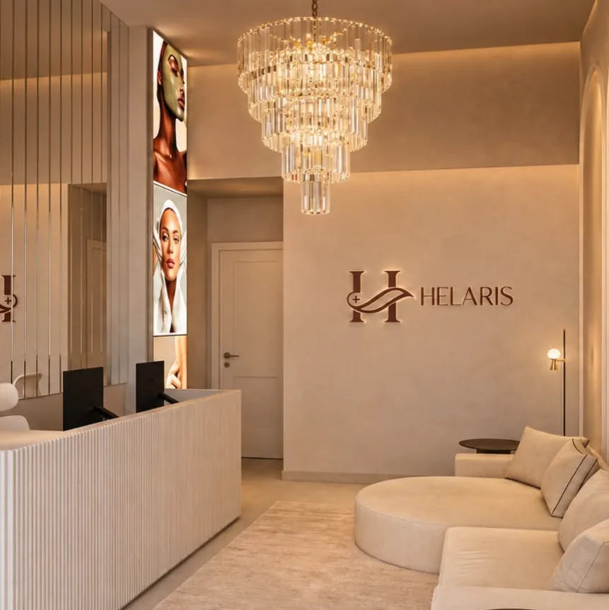 Recepção do Instituto Helaris com iluminação acolhedora